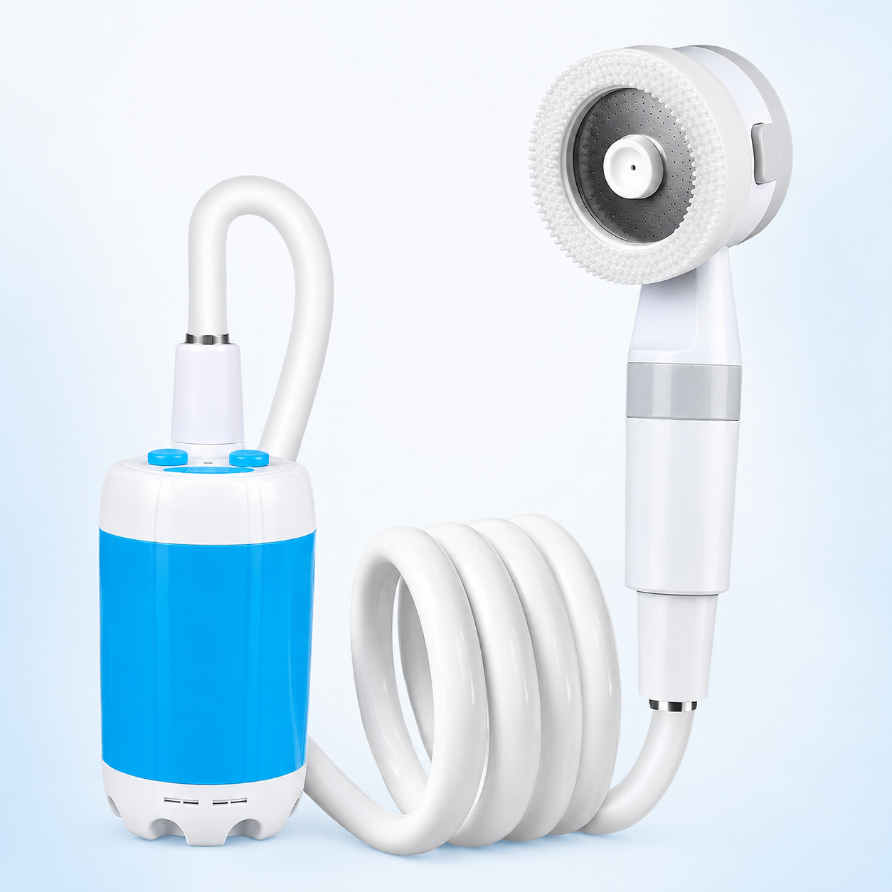 Ducha portátil recargable azul y blanca con bomba, manguera y cabezal